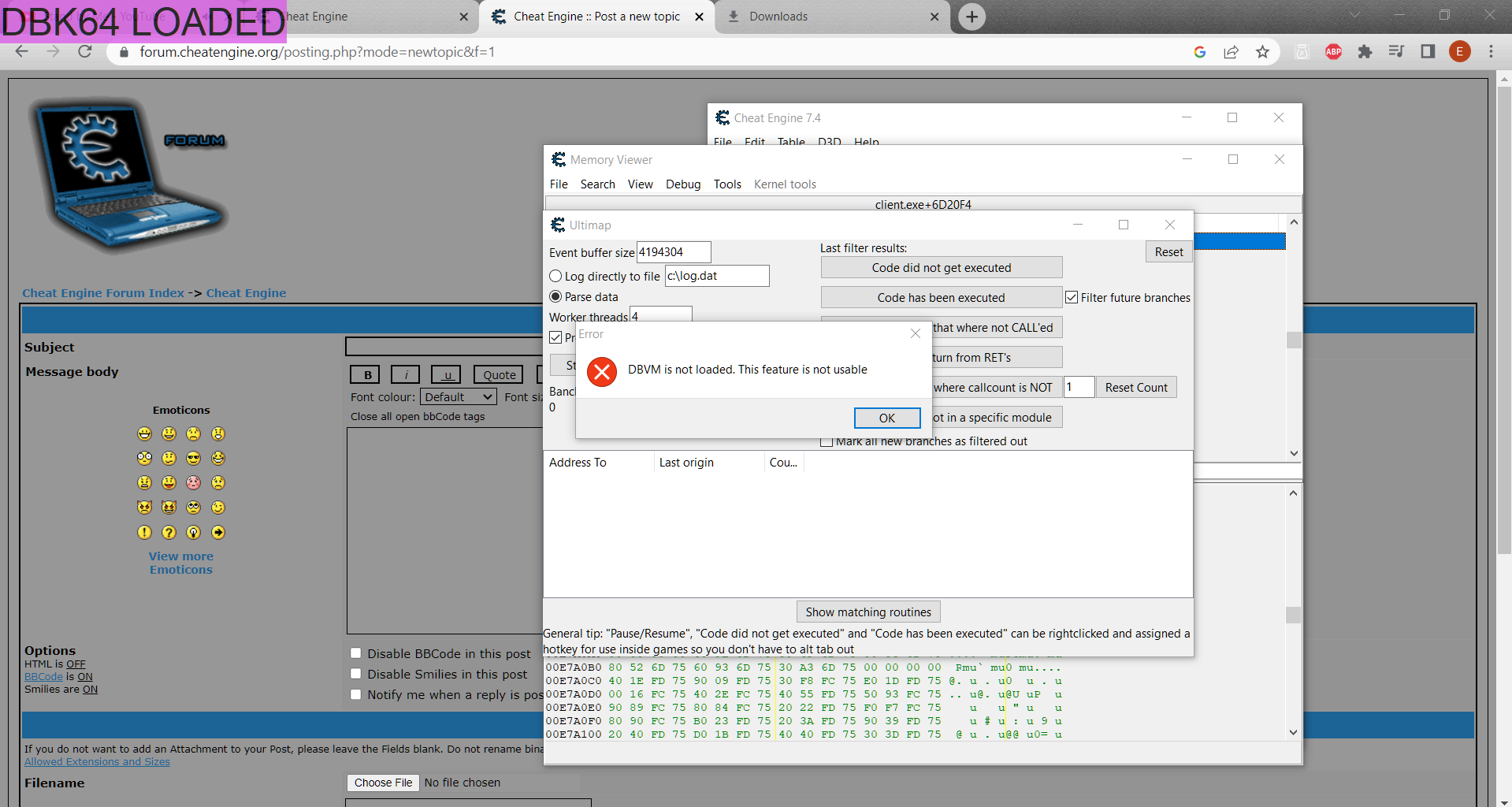 Cheat Engine View topic DBVM is not loaded.